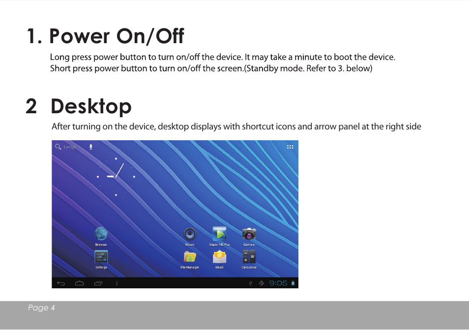 Power on/off, 2 desktop | Mpman MPDC88 BT IPS User Manual | Page 5 / 24
