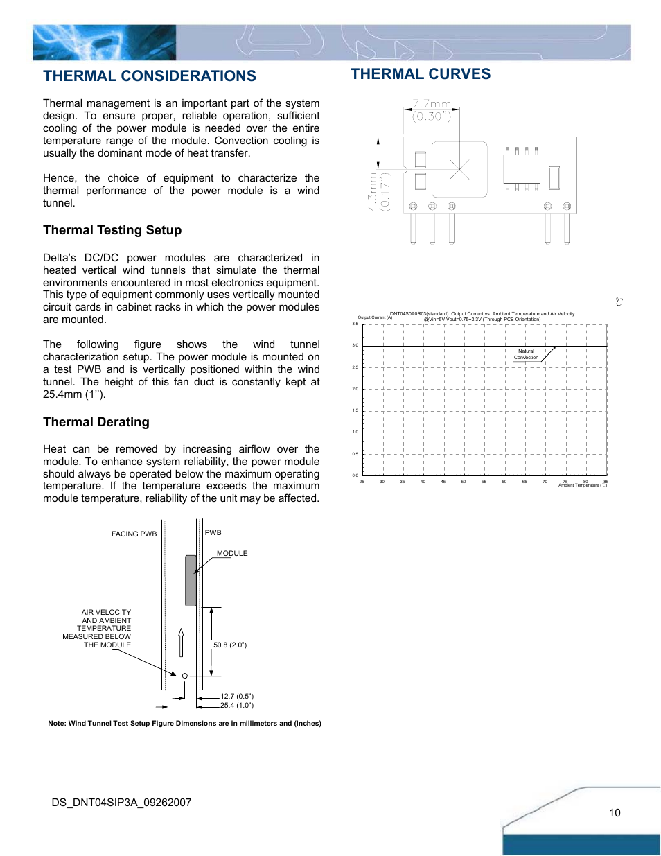 Thermal considerations, Thermal curves, Thermal testing setup | Thermal derating | Delta Electronics DNT04 User Manual | Page 10 / 12