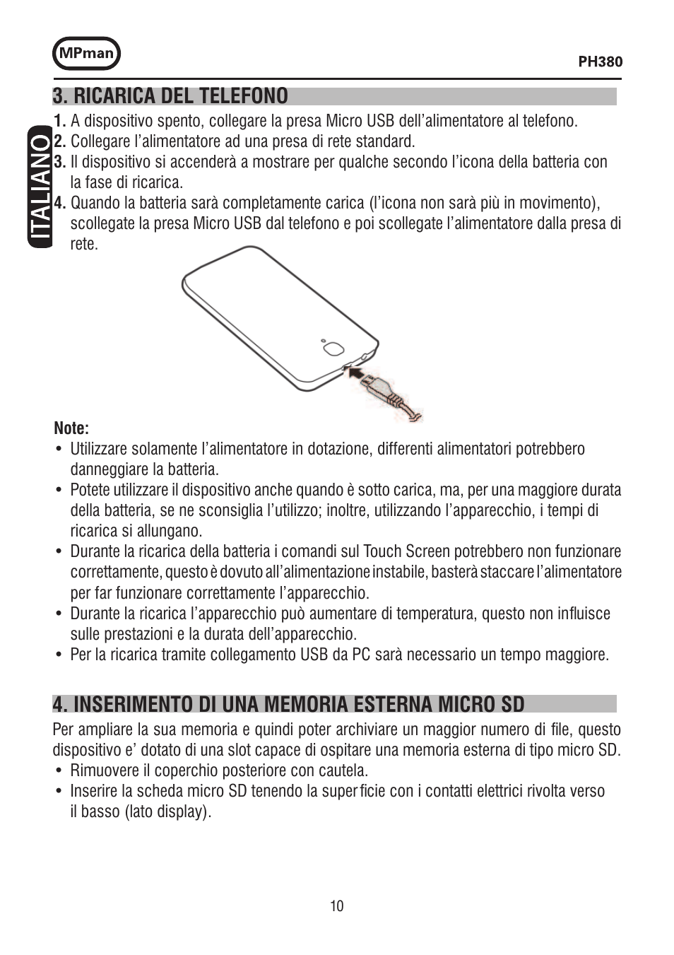 Ricarica del telefono | Mpman PH380 User Manual | Page 10 / 108
