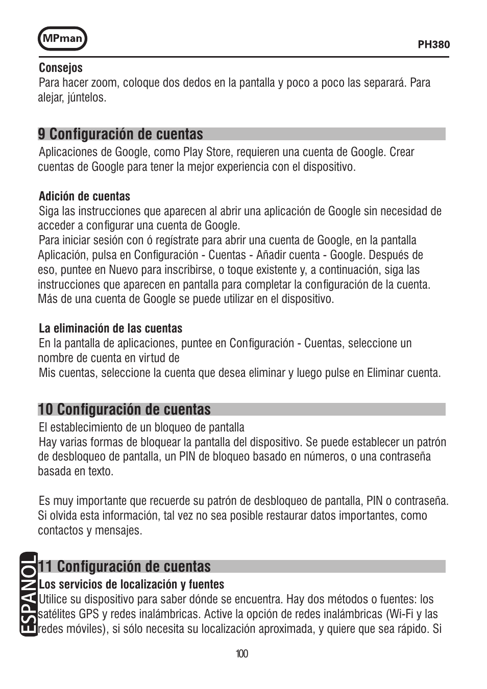 9 con figuración de cuentas, 10 con figuración de cuentas, 11 con figuración de cuentas | Mpman PH380 User Manual | Page 100 / 108