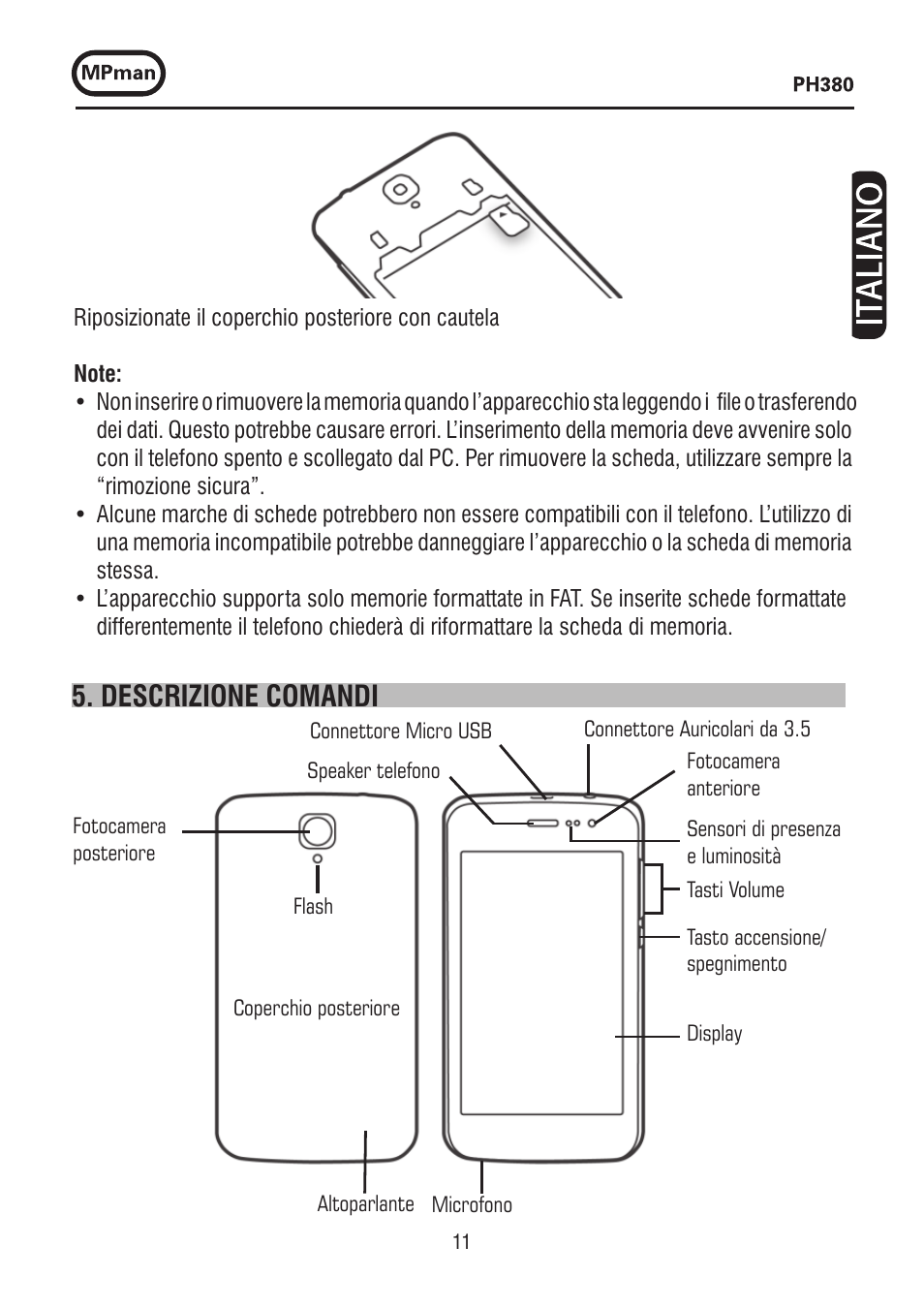 Descrizione comandi | Mpman PH380 User Manual | Page 11 / 108