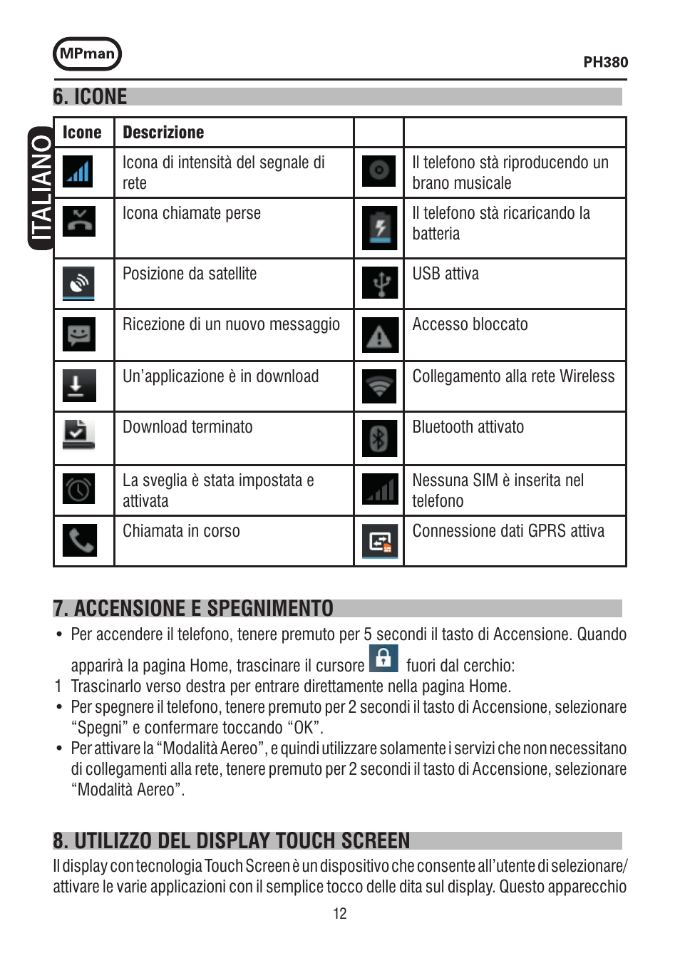 Icone, Accensione e spegnimento, Utilizzo del display touch screen | Mpman PH380 User Manual | Page 12 / 108