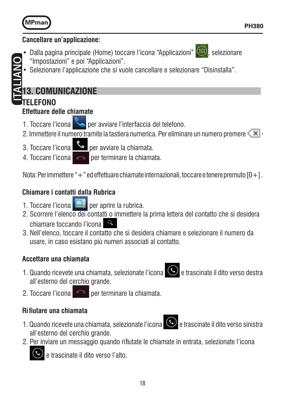 Comunicazione | Mpman PH380 User Manual | Page 18 / 108