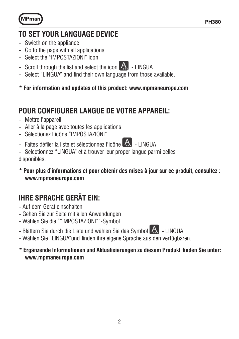 Pour configurer langue de votre appareil, Ihre sprache gerät ein | Mpman PH380 User Manual | Page 2 / 108