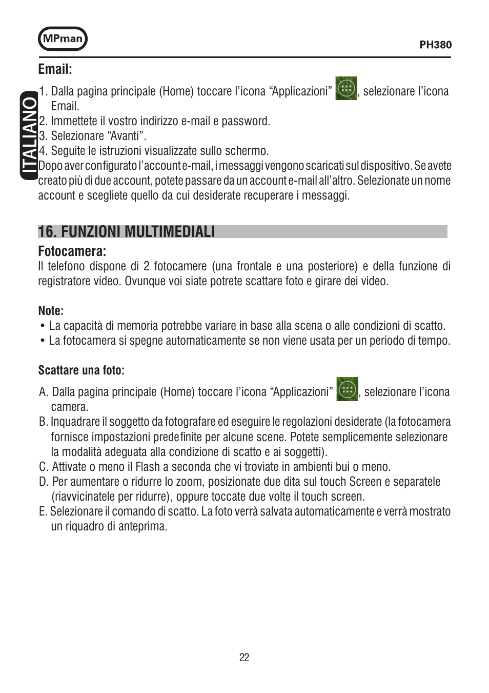 Funzioni multimediali | Mpman PH380 User Manual | Page 22 / 108