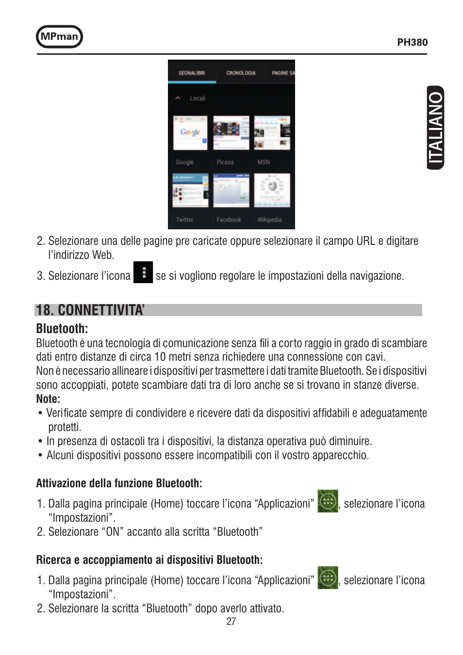 Connettivita | Mpman PH380 User Manual | Page 27 / 108