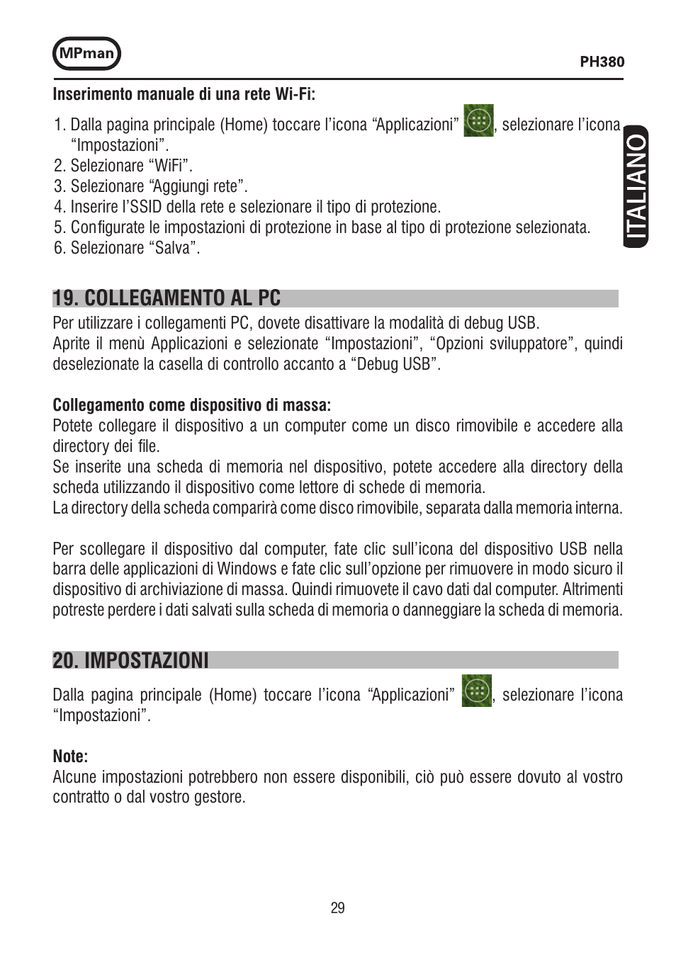 Collegamento al pc, Impostazioni | Mpman PH380 User Manual | Page 29 / 108