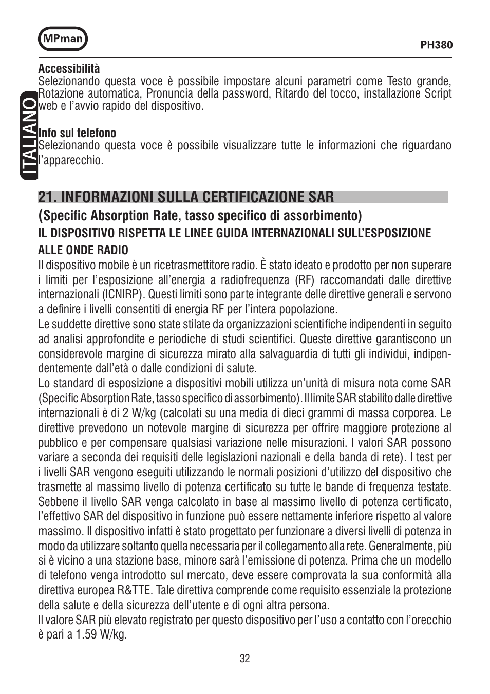 Informazioni sulla certificazione sar | Mpman PH380 User Manual | Page 32 / 108