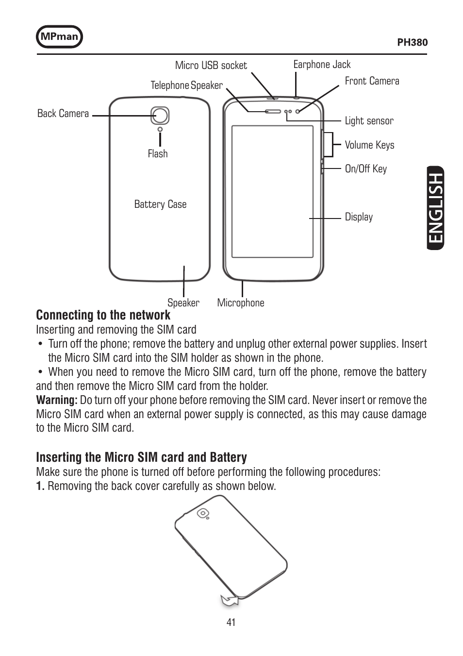 Connecting to the network, Inserting the micro sim card and battery | Mpman PH380 User Manual | Page 41 / 108