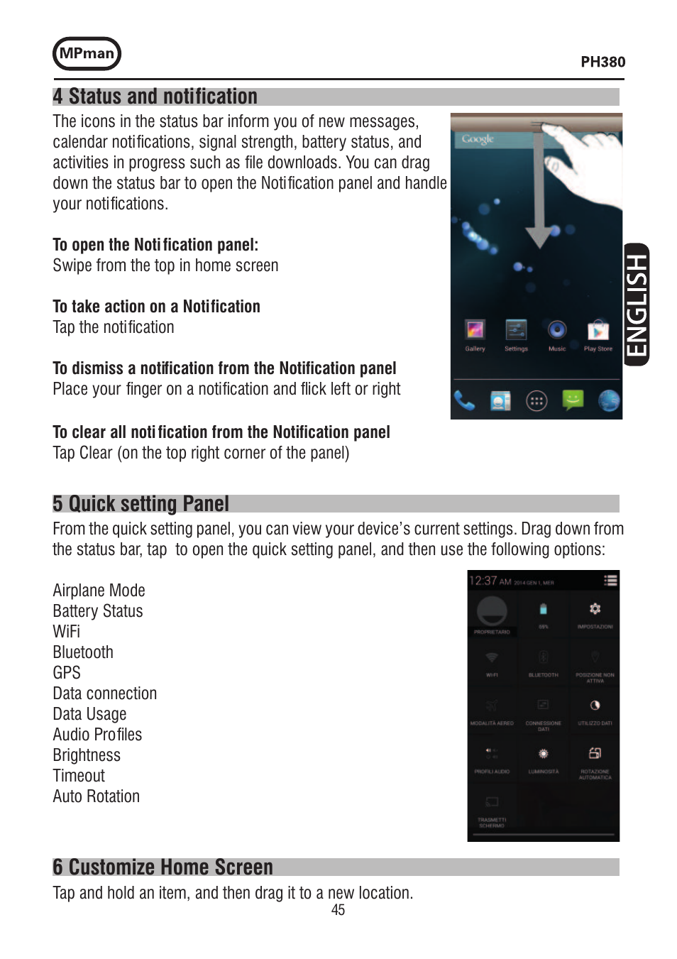 4 status and noti fication, 5 quick setting panel, 6 customize home screen | Mpman PH380 User Manual | Page 45 / 108