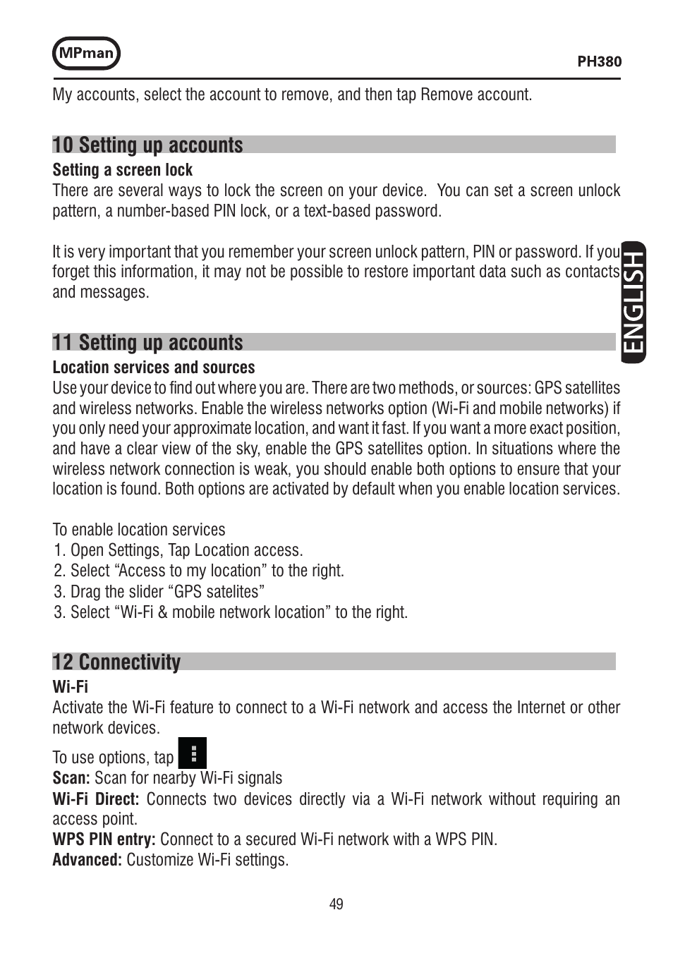 10 setting up accounts, 11 setting up accounts, 12 connectivity | Mpman PH380 User Manual | Page 49 / 108