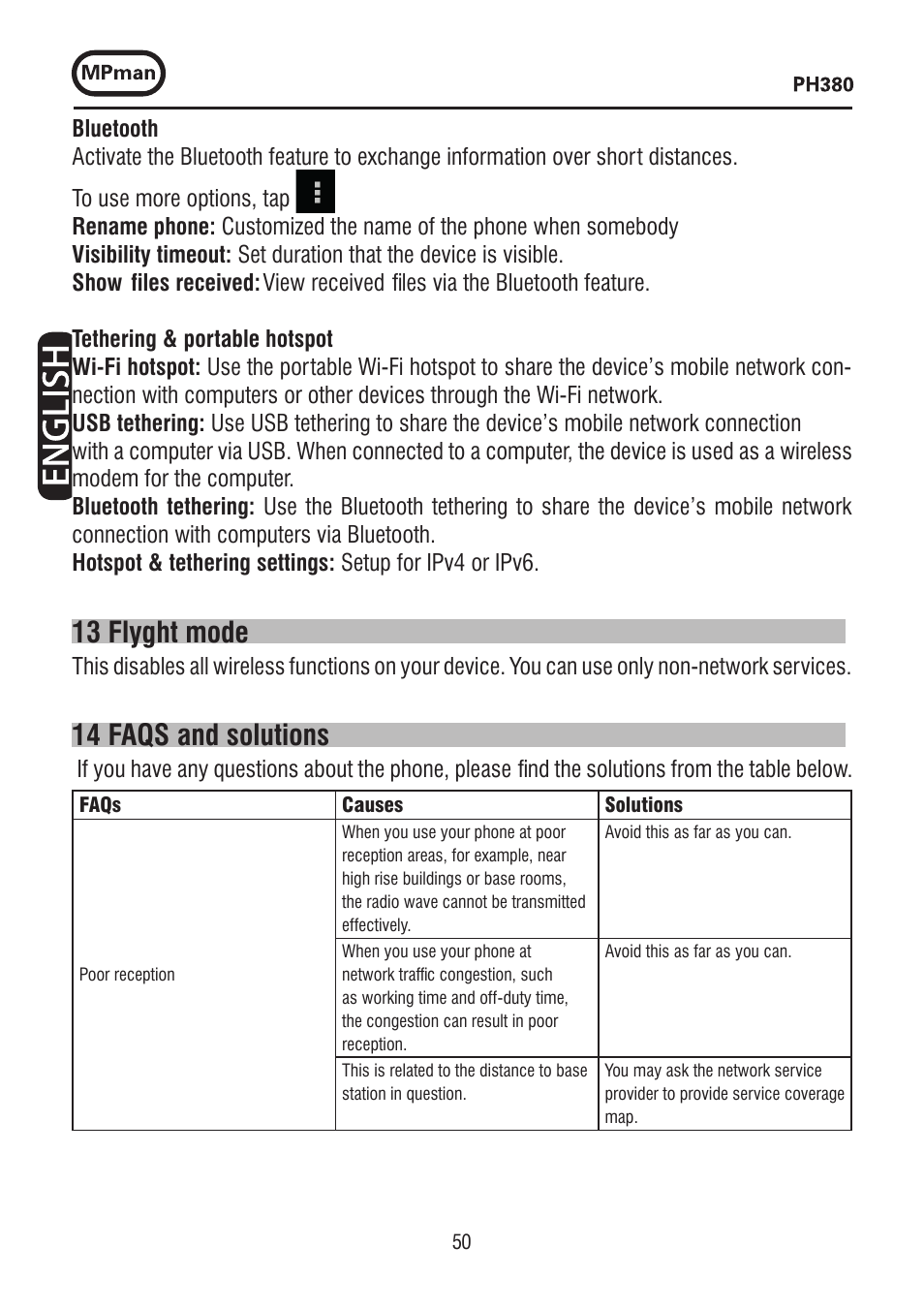 13 flyght mode, 14 faqs and solutions | Mpman PH380 User Manual | Page 50 / 108