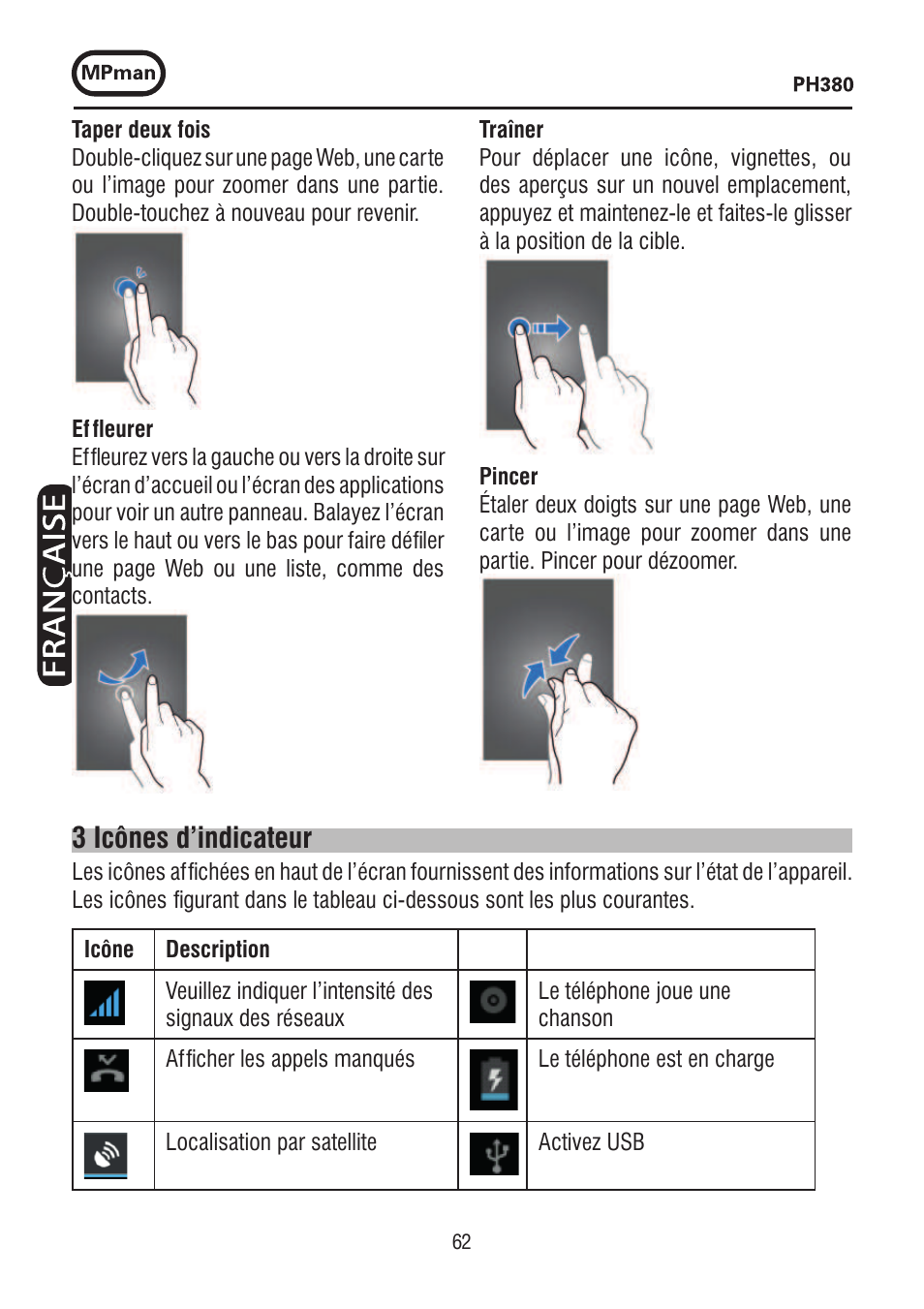 3 icônes d’indicateur | Mpman PH380 User Manual | Page 62 / 108