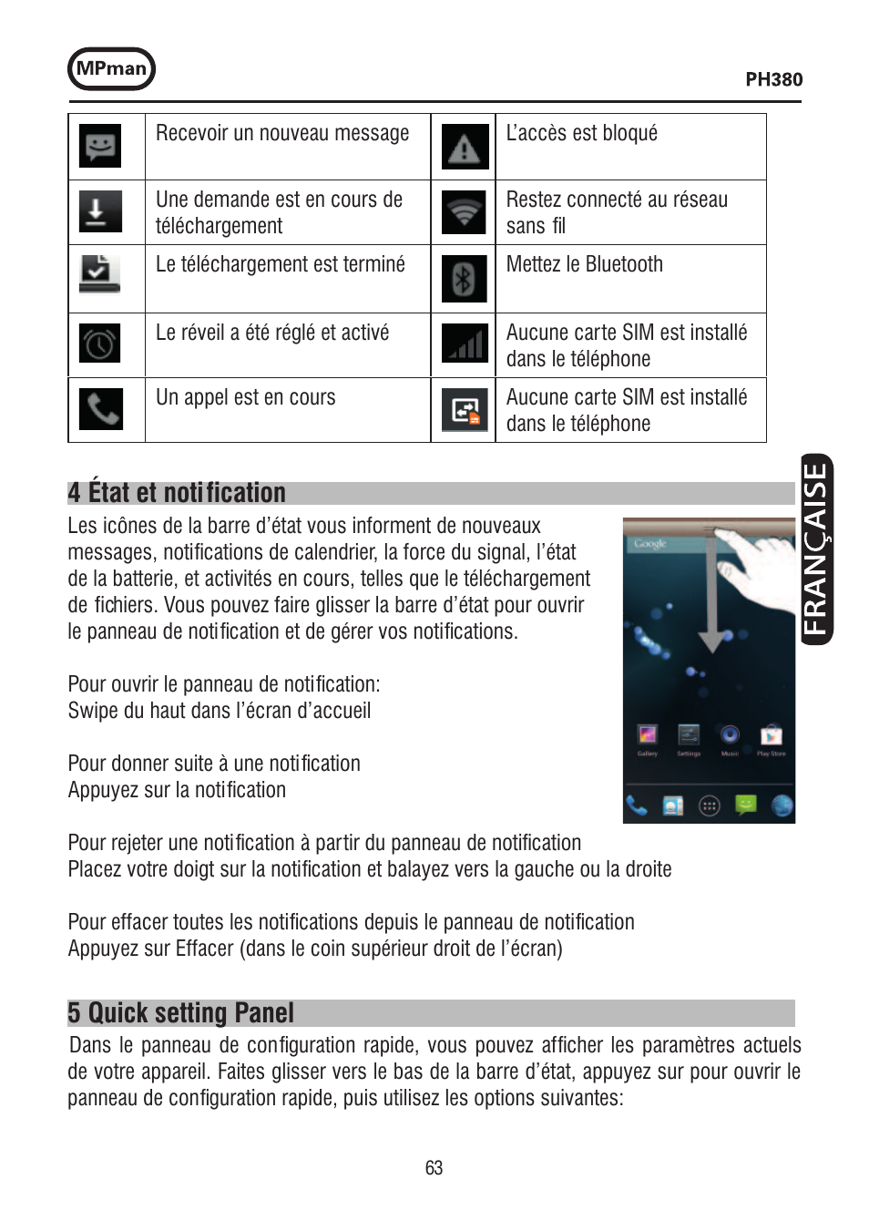 4 état et notification, 5 quick setting panel | Mpman PH380 User Manual | Page 63 / 108