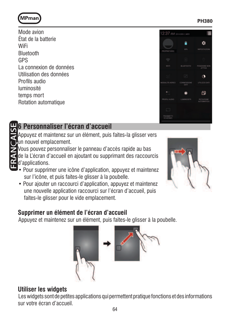 6 personnaliser l’écran d’accueil | Mpman PH380 User Manual | Page 64 / 108
