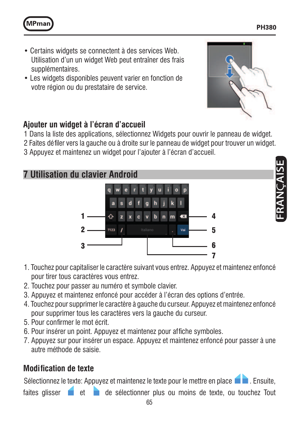 7 utilisation du clavier android | Mpman PH380 User Manual | Page 65 / 108