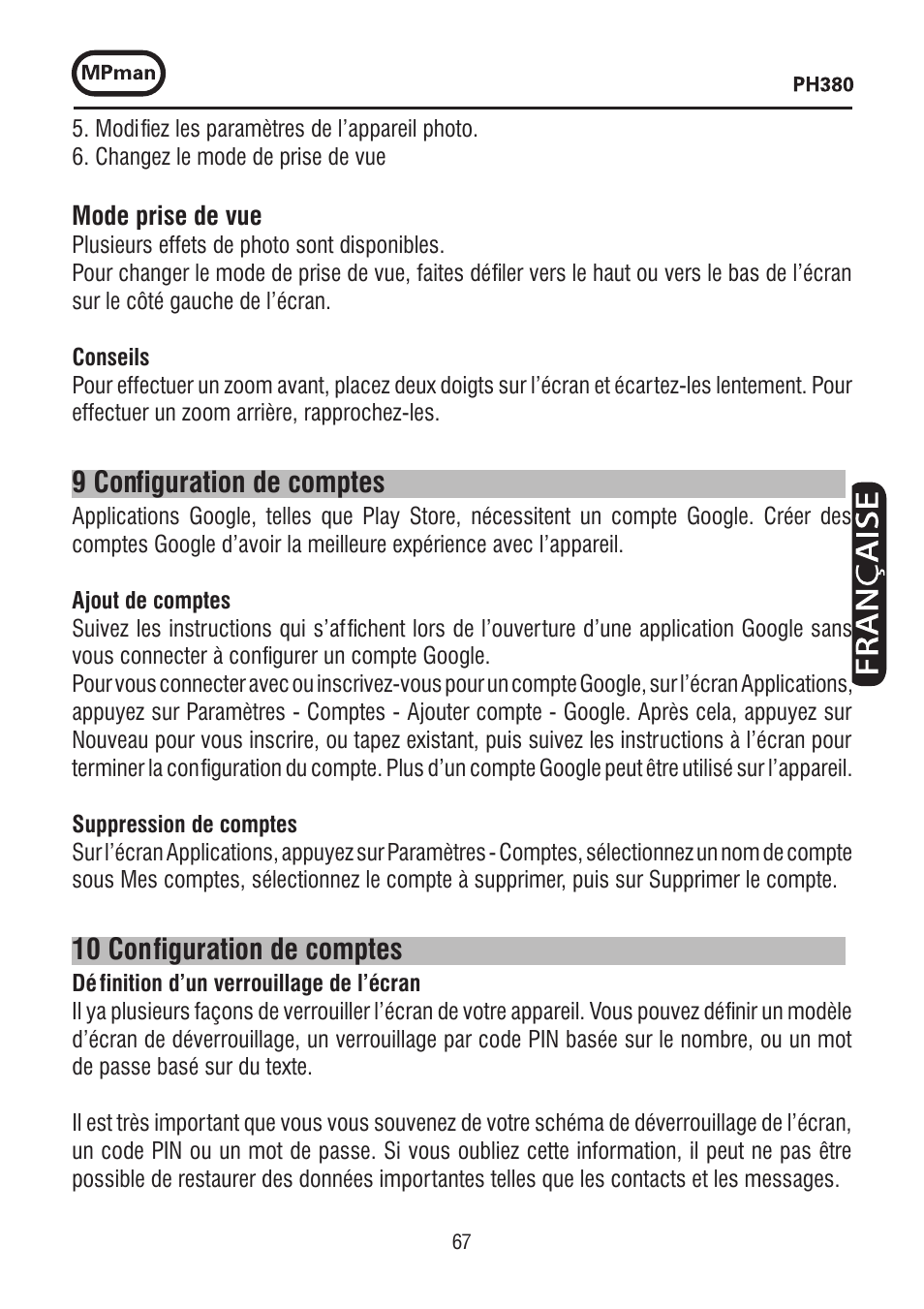 9 configuration de comptes, 10 con figuration de comptes | Mpman PH380 User Manual | Page 67 / 108