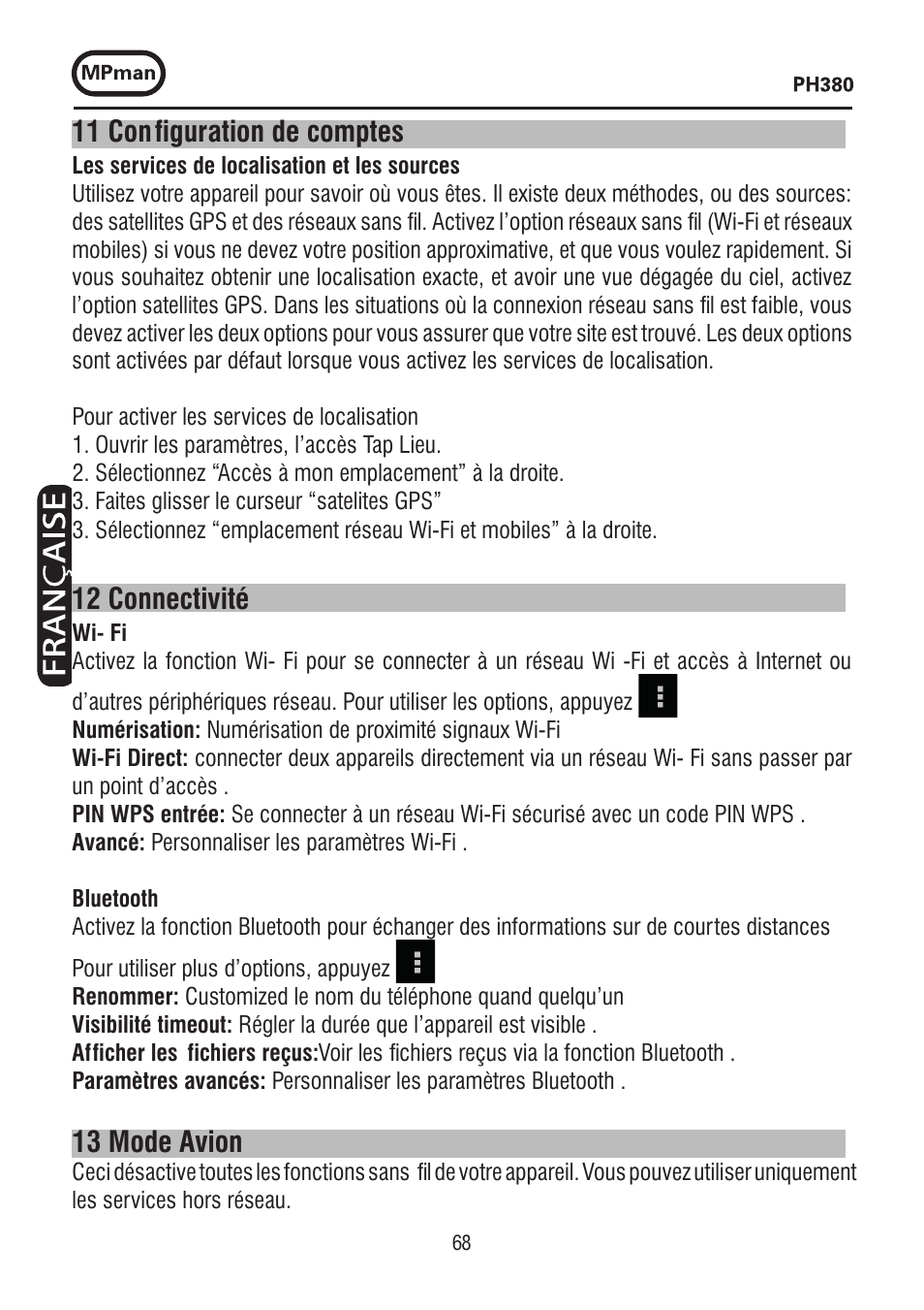 11 configuration de comptes, 12 connectivité, 13 mode avion | Mpman PH380 User Manual | Page 68 / 108