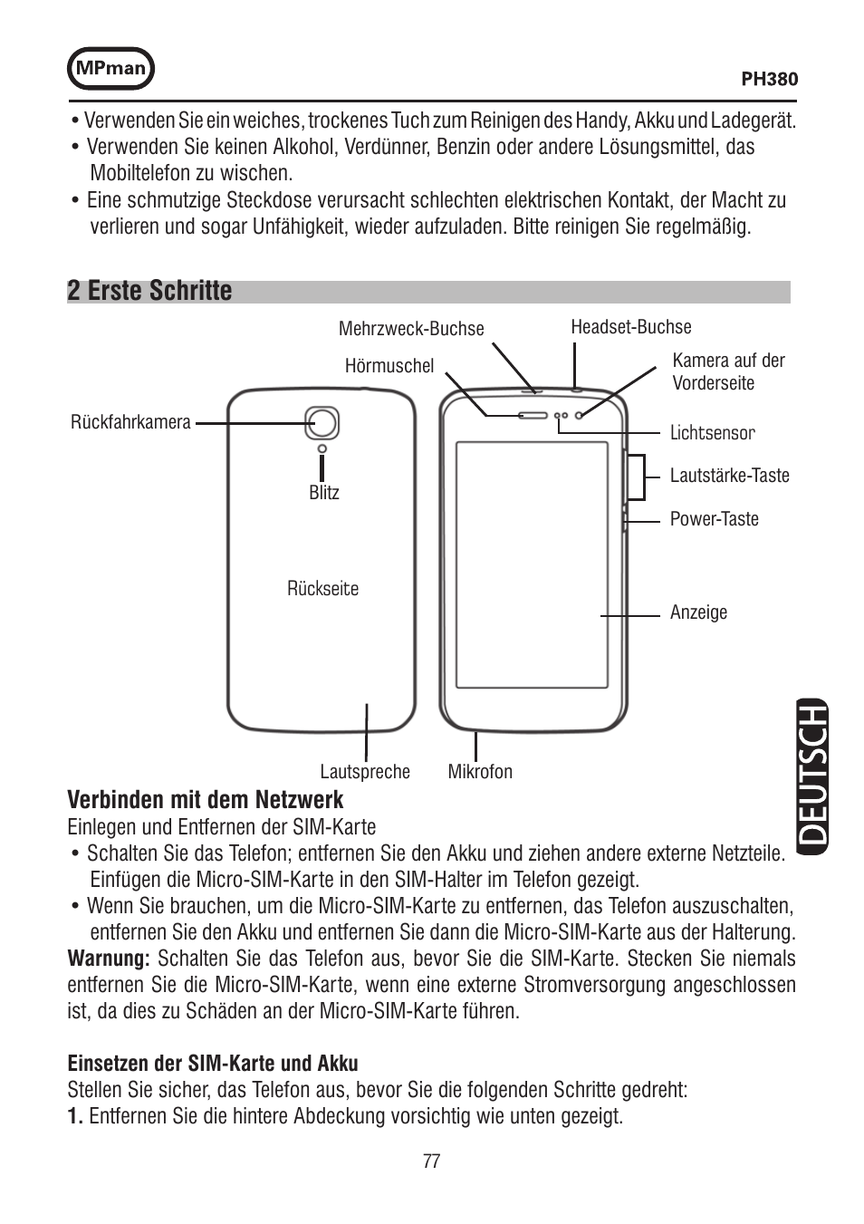 2 erste schritte, Verbinden mit dem netzwerk | Mpman PH380 User Manual | Page 77 / 108
