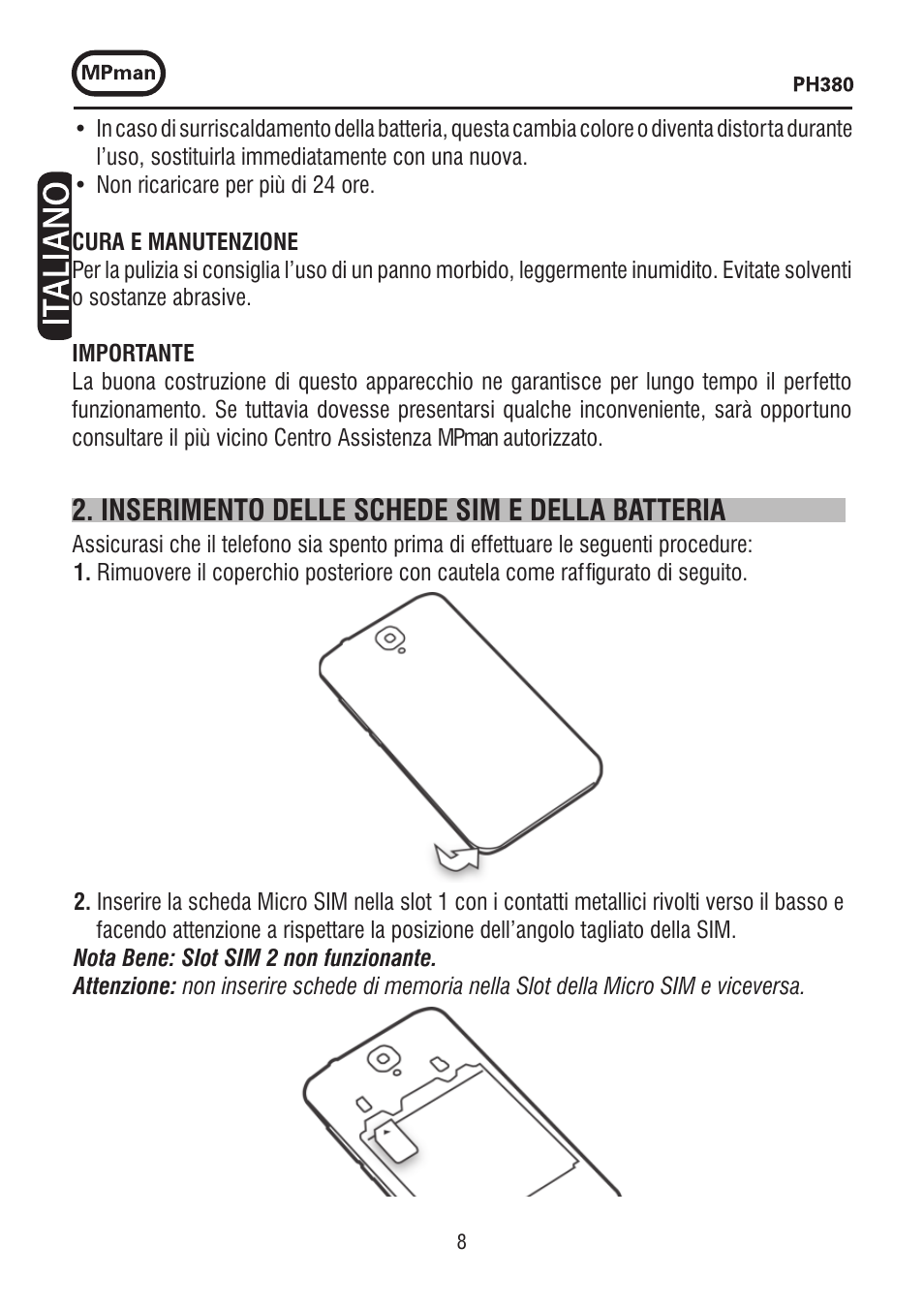 Inserimento delle schede sim e della batteria | Mpman PH380 User Manual | Page 8 / 108