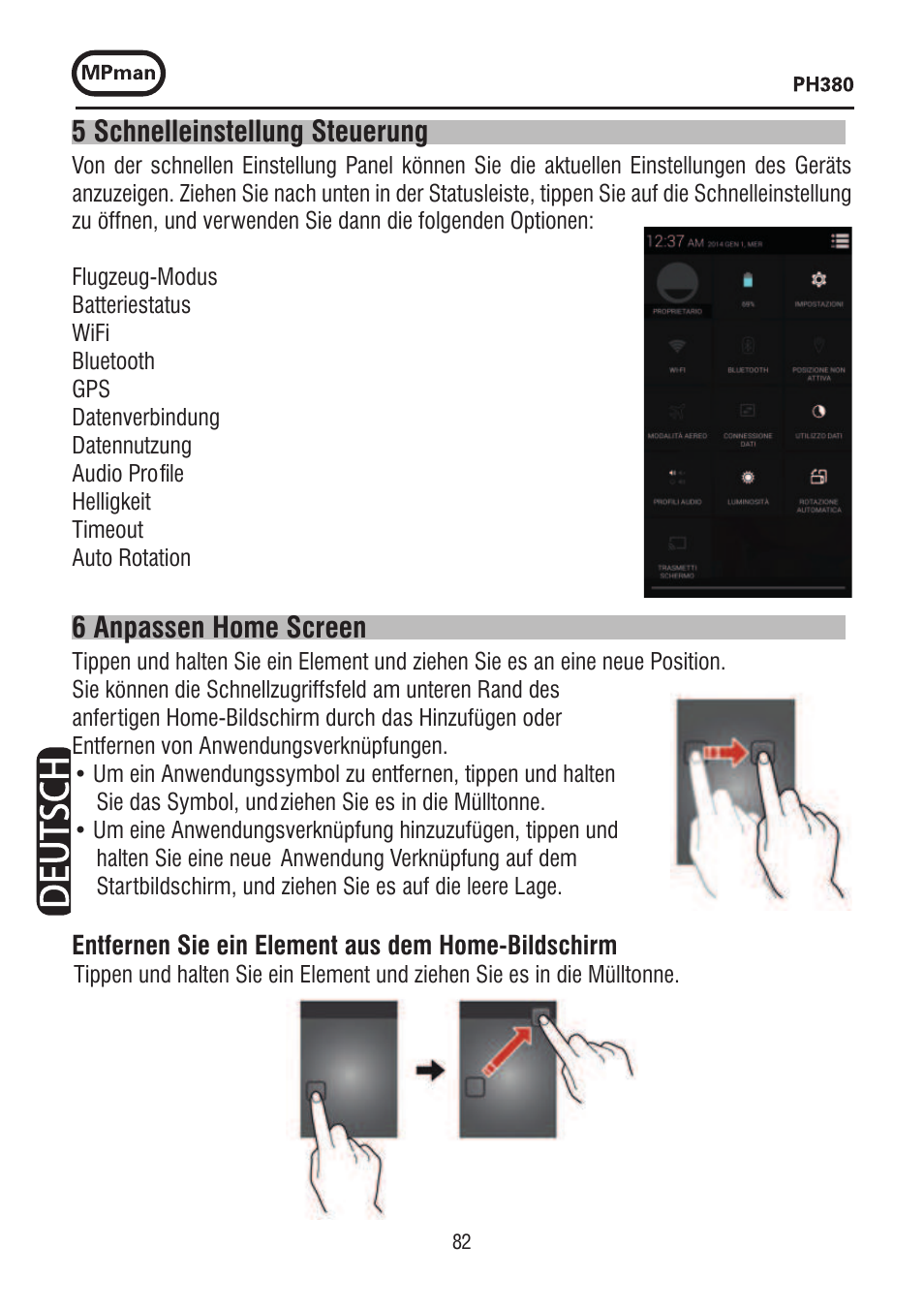 5 schnelleinstellung steuerung, 6 anpassen home screen | Mpman PH380 User Manual | Page 82 / 108