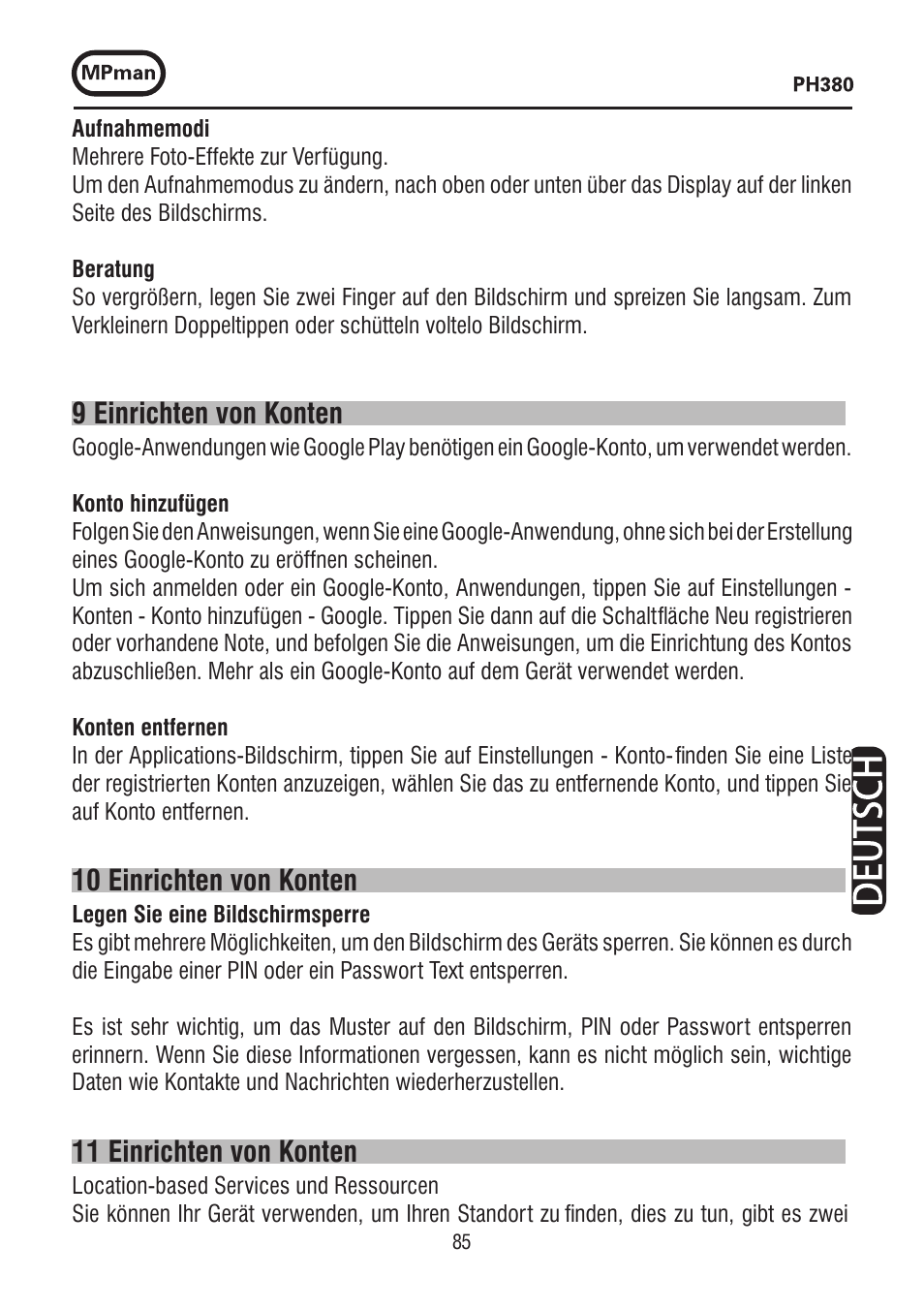 9 einrichten von konten, 10 einrichten von konten, 11 einrichten von konten | Mpman PH380 User Manual | Page 85 / 108