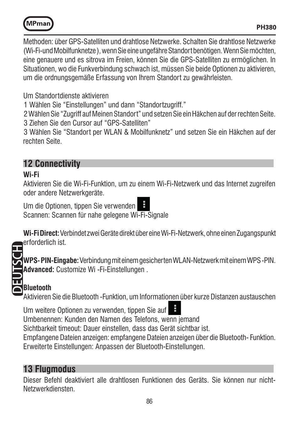 12 connectivity, 13 flugmodus | Mpman PH380 User Manual | Page 86 / 108