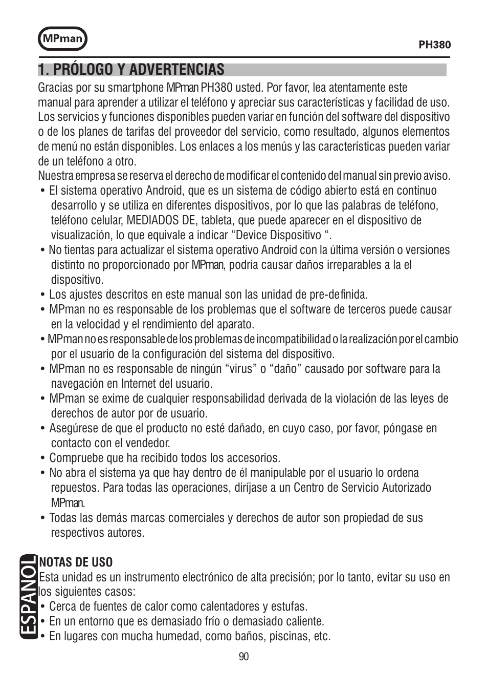 Prólogo y advertencias | Mpman PH380 User Manual | Page 90 / 108