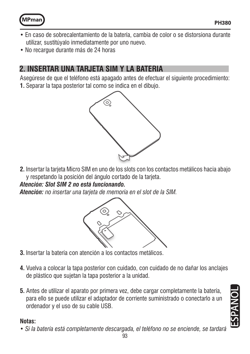 Insertar una tarjeta sim y la bateria | Mpman PH380 User Manual | Page 93 / 108