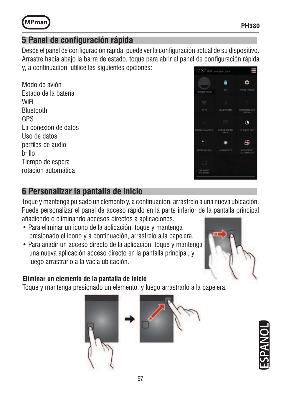 5 panel de con figuración rápida, 6 personalizar la pantalla de inicio | Mpman PH380 User Manual | Page 97 / 108