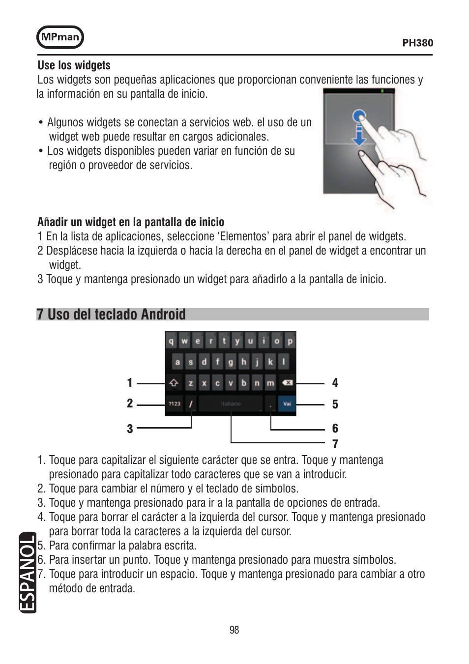 7 uso del teclado android | Mpman PH380 User Manual | Page 98 / 108