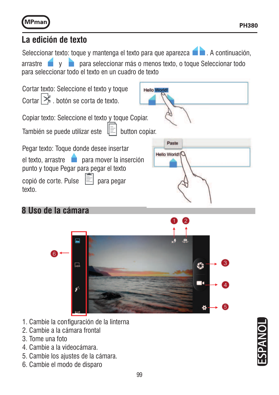 La edición de texto, 8 uso de la cámara | Mpman PH380 User Manual | Page 99 / 108