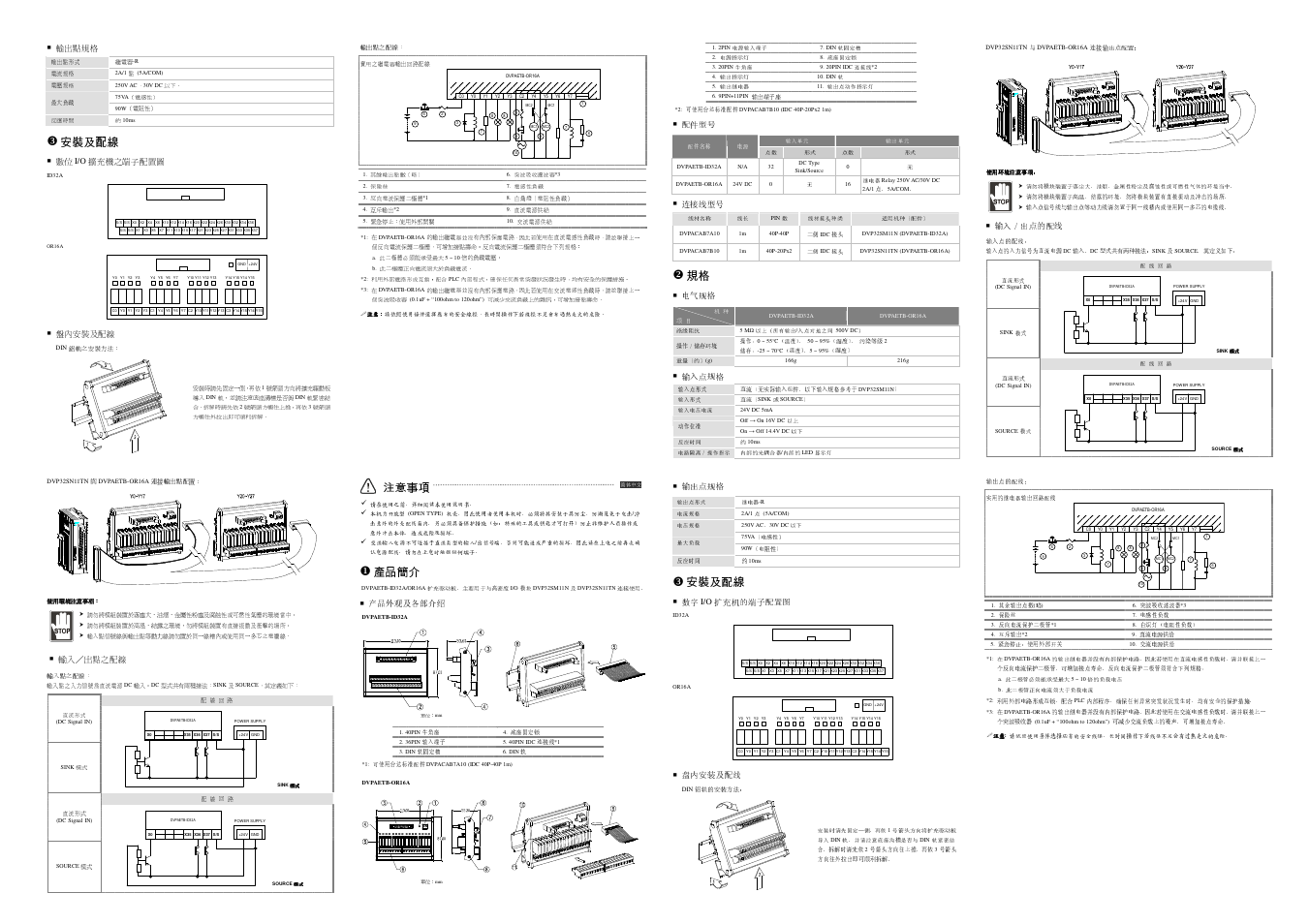 安裝及配線, 注意事項, 產品簡介 | Delta Electronics DVPAETB-ID32A/OR16A User Manual | Page 2 / 2