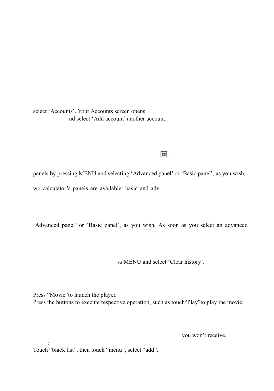 Calculator, Movie, Incoming calls firewall | Mpman PH340 User Manual | Page 14 / 31