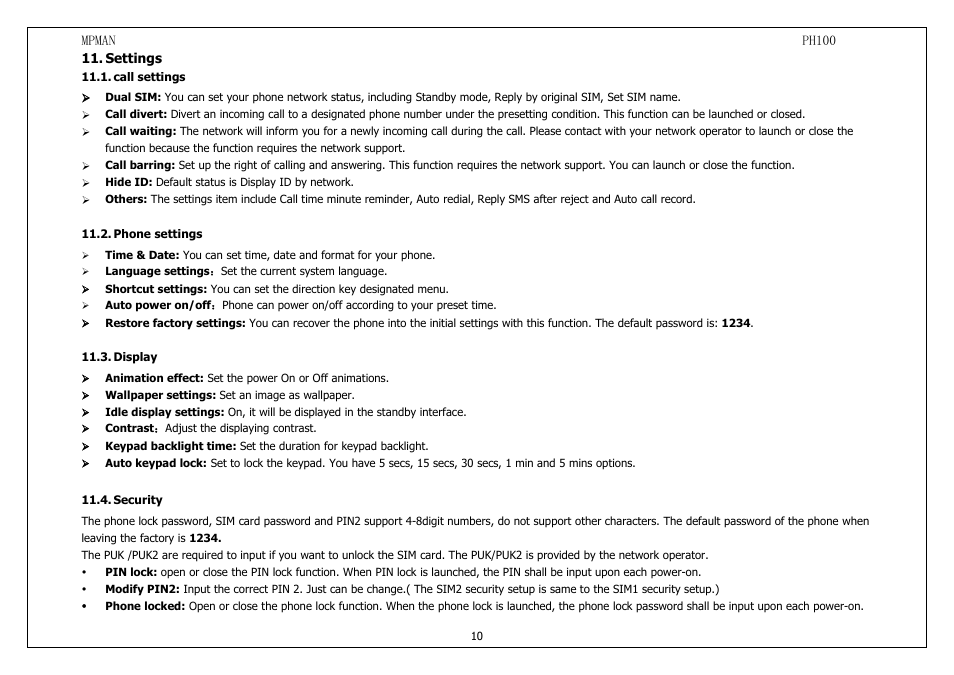 Settings, Callsettings, Phonesettings | Display, Security | Mpman PH100 User Manual | Page 10 / 60