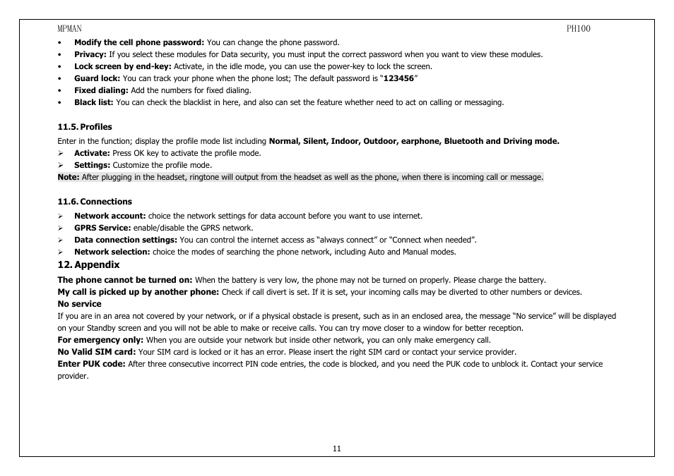 Profiles, Connections, Appendix | Mpman PH100 User Manual | Page 11 / 60