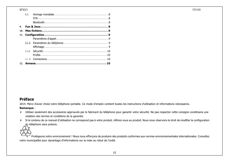 Préface | Mpman PH100 User Manual | Page 15 / 60