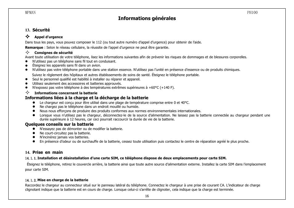 Sécurité, Priseenmain, Miseenchargedela | Informations générales | Mpman PH100 User Manual | Page 16 / 60