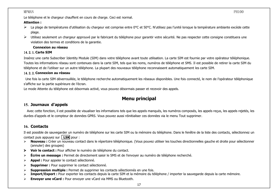 Connexionaurés, Cartesim, Journauxd'appels | Contacts, Menu principal | Mpman PH100 User Manual | Page 17 / 60