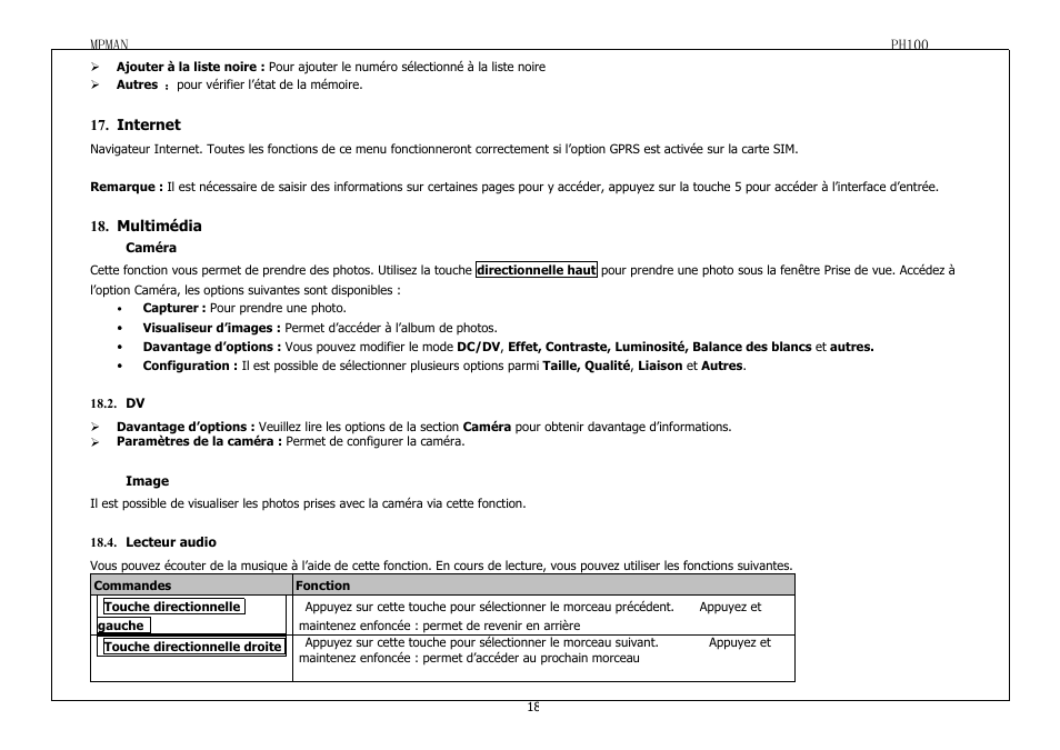 Internet, Multimédia, Caméra | Image, Lecteuraudio | Mpman PH100 User Manual | Page 18 / 60