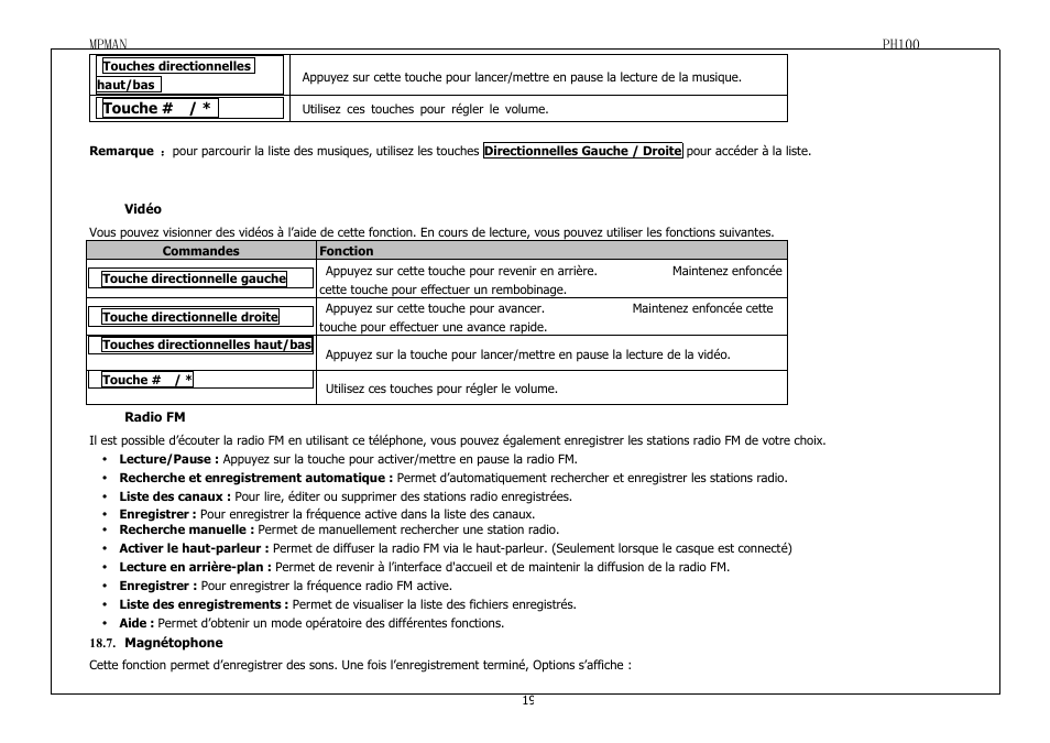 Vidéo, Radiofm, Magnétophone | Mpman PH100 User Manual | Page 19 / 60
