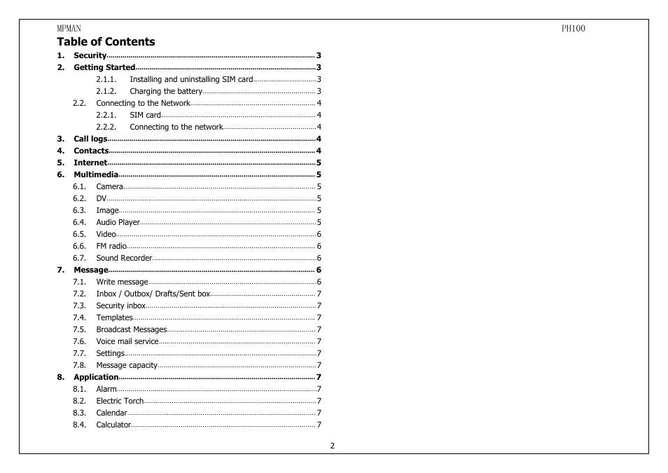 Mpman PH100 User Manual | Page 2 / 60