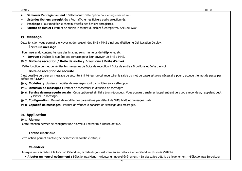 Message, Écrireunmessage, Boîtederé | Boîtederéceptiondesécuri, Diffusiondemessages, Servicedemessageriev, Configuration, Capacitédemessages, Application, Alarme | Mpman PH100 User Manual | Page 20 / 60