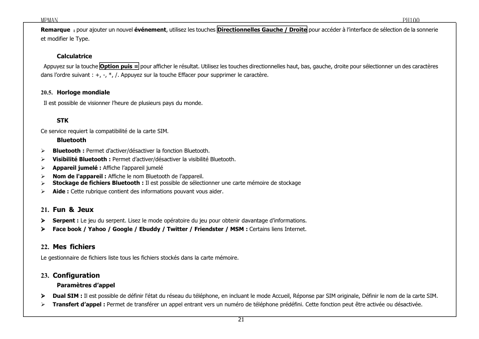 Calculatrice, Horlogemondiale, Bluetooth | Fun&jeux, Mesfichiers, Configuration, Paramètresd’appel | Mpman PH100 User Manual | Page 21 / 60