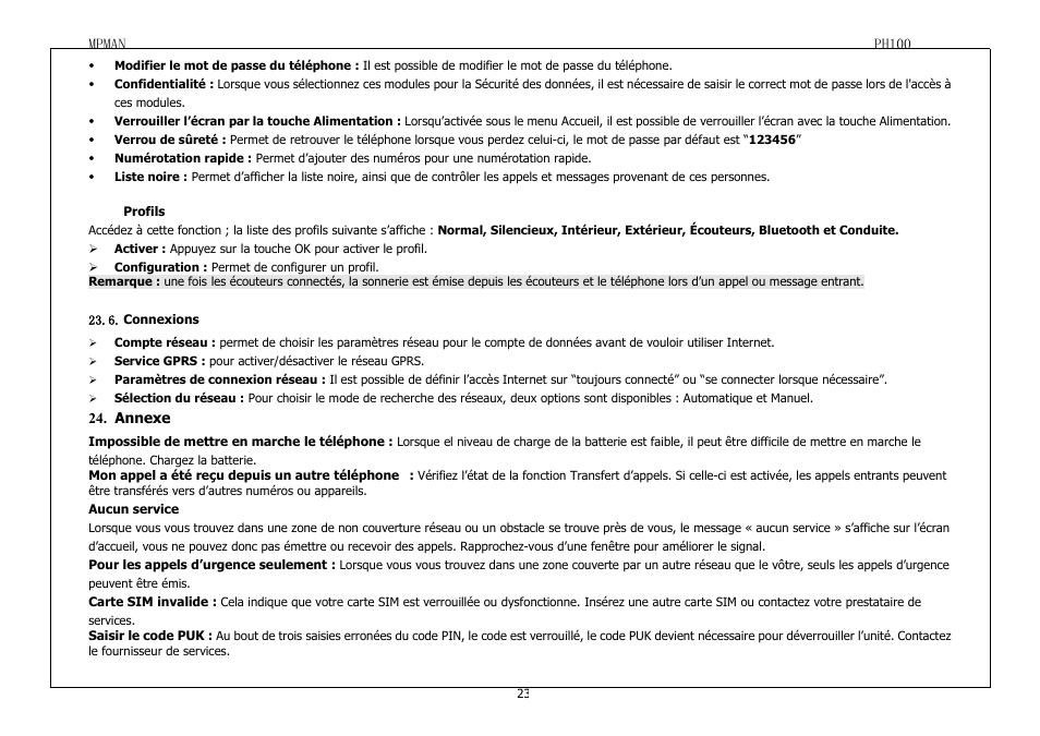 Profils, Connexions, Annexe | Mpman PH100 User Manual | Page 23 / 60