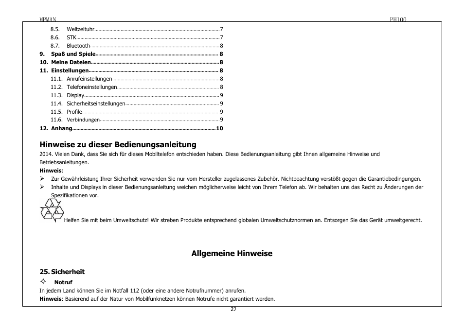 Sicherheit, Hinweise zu dieser bedienungsanleitung, Allgemeine hinweise | Mpman PH100 User Manual | Page 27 / 60