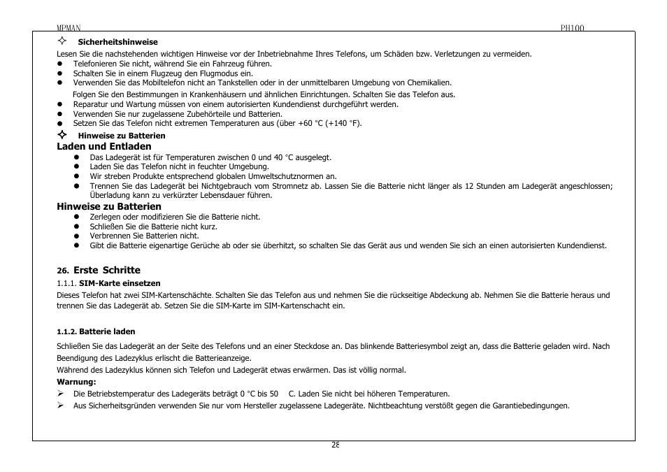 Ersteschritte, Sim-karteeinsetzen, Diesestelefonhatzweisim-kartenschächte.schalte | Batterieladen | Mpman PH100 User Manual | Page 28 / 60