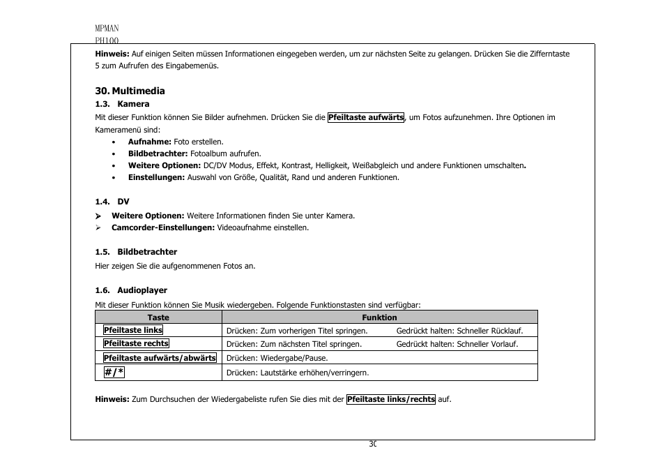 Multimedia, Kamera, Bildbetrachter | Audioplayer | Mpman PH100 User Manual | Page 30 / 60