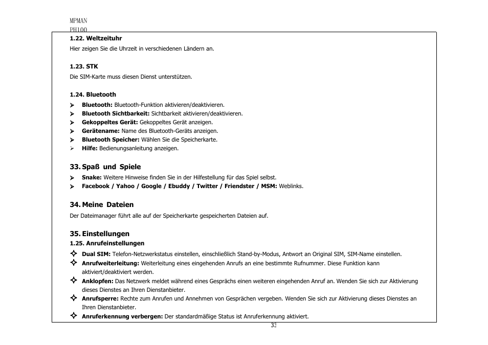 Weltzeituhr, Bluetooth, Spaßundspiele | Meinedateien, Einstellungen, Anrufeinstellungen | Mpman PH100 User Manual | Page 33 / 60