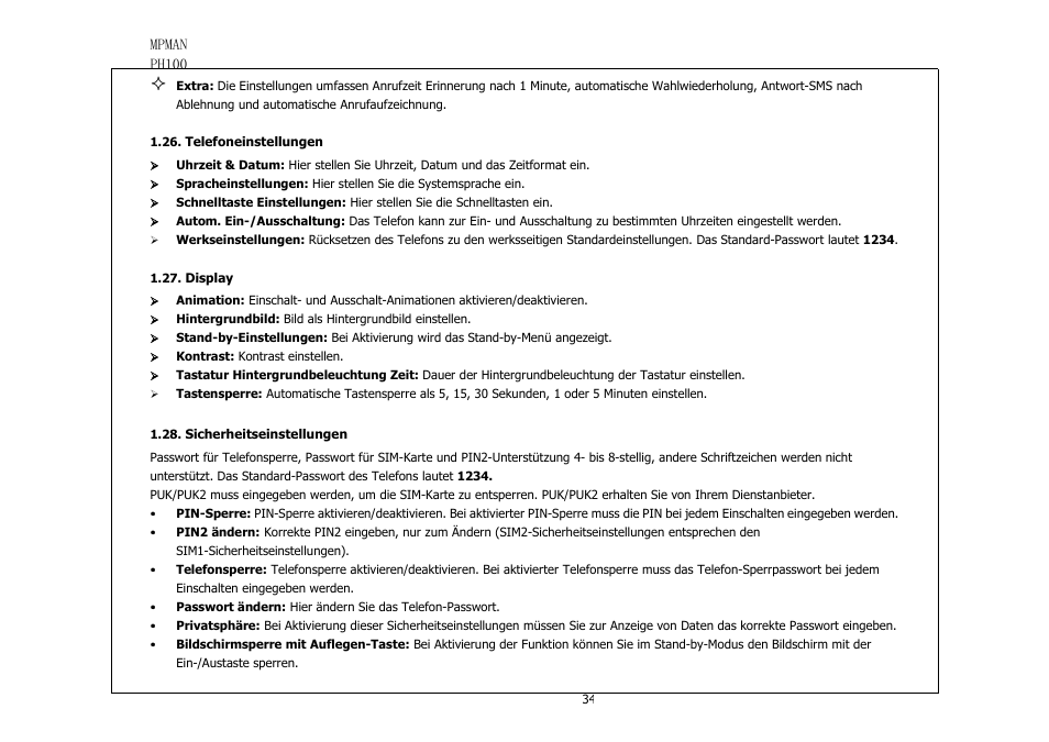 Telefoneinstellungen, Display, Sicherheitseinstellungen | Mpman PH100 User Manual | Page 34 / 60
